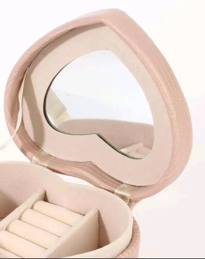 Faux Leather Heart Jewellery Box With Mirror, Portable Jewellery Organizer Case with Mirror for Earrings Rings Necklaces, Mini Travel Jewellery Box Storage Organizer