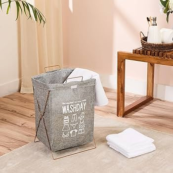 Collapsible Laundry Hamper Basket with Iron X Frame, Folding Washing Clothes Storage Basket, Waterproof Storage Hamper Organizer
