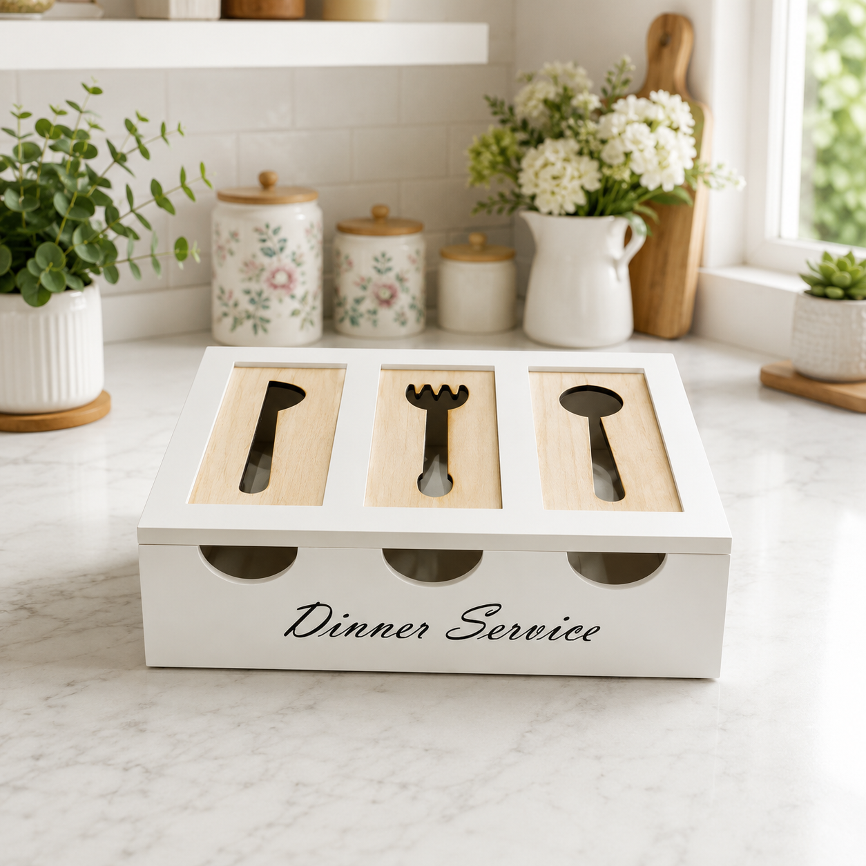 3 Compartment Wooden Cutlery Box with Lid, Wooden Cutlery Organizer Storage Box, Vintage Wooden Cutlery Organizer Box, Spoon, Fork And Knife Storage Holder