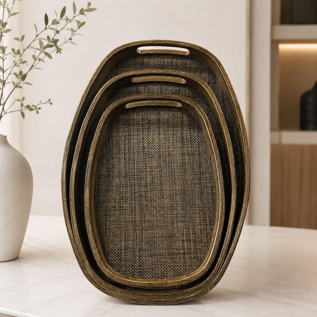 3pcs Classic Wooden Serving Tray Set, Handcrafted Style Woven Tray Set, Elegant Wooden Breakfast & Serving Trays
