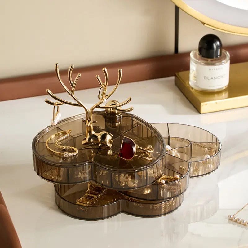 Little Deer Jewellery Organizer, 3 Layer Rotating Necklace Jewelry Box, Light Luxury Heart Desktop Sundries Makeup Organizer, Elegant Decorative Necklace Earrings Bracelet Container, Acrylic Jewelry Display Stand, Large Capacity Striped Box