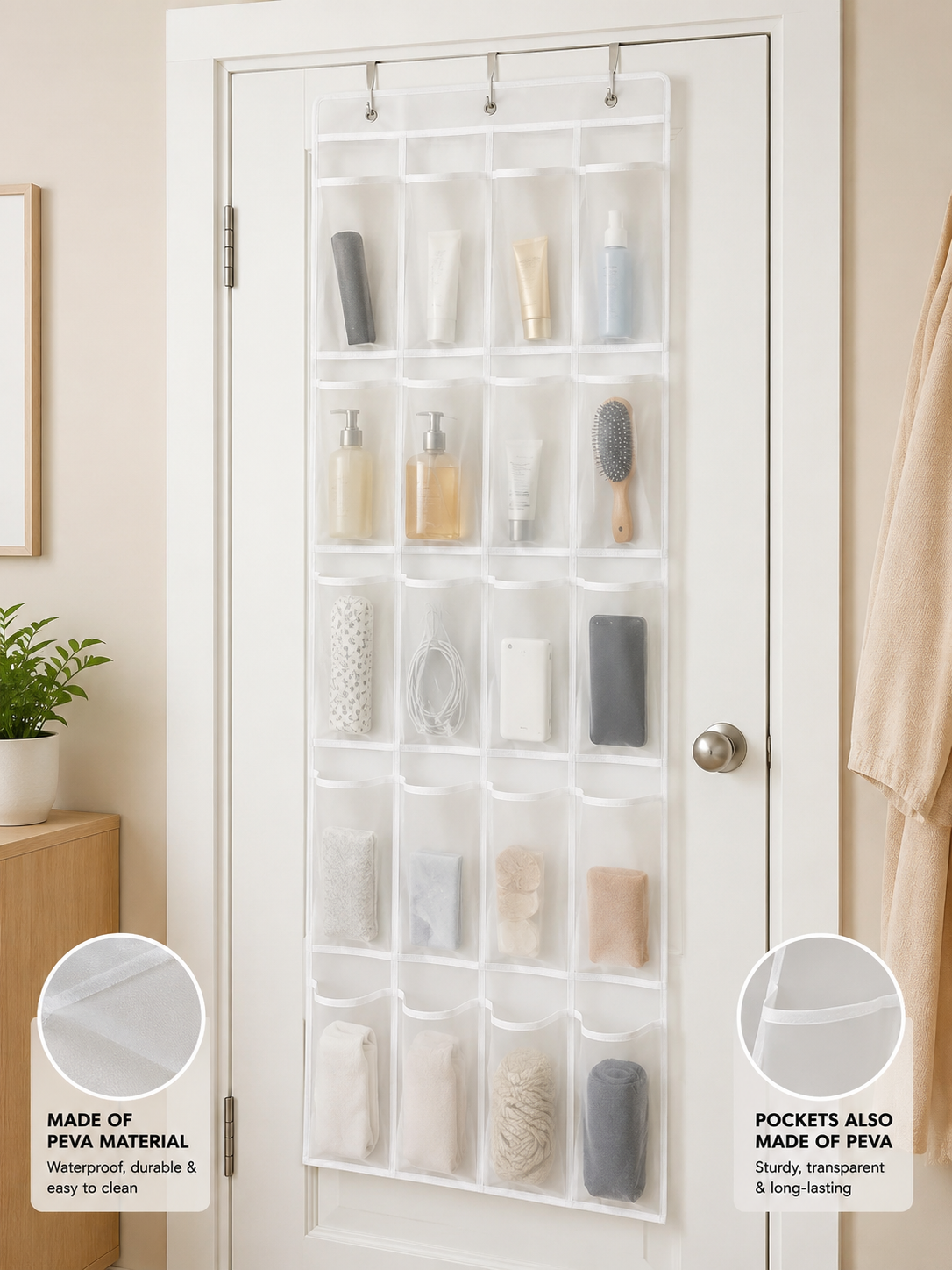 24 Pockets Transparent Over The Door Hanging Storage Organizer, Non Woven Space Saving Shoes Organizer, Multipurpose Transparent Storage Holder