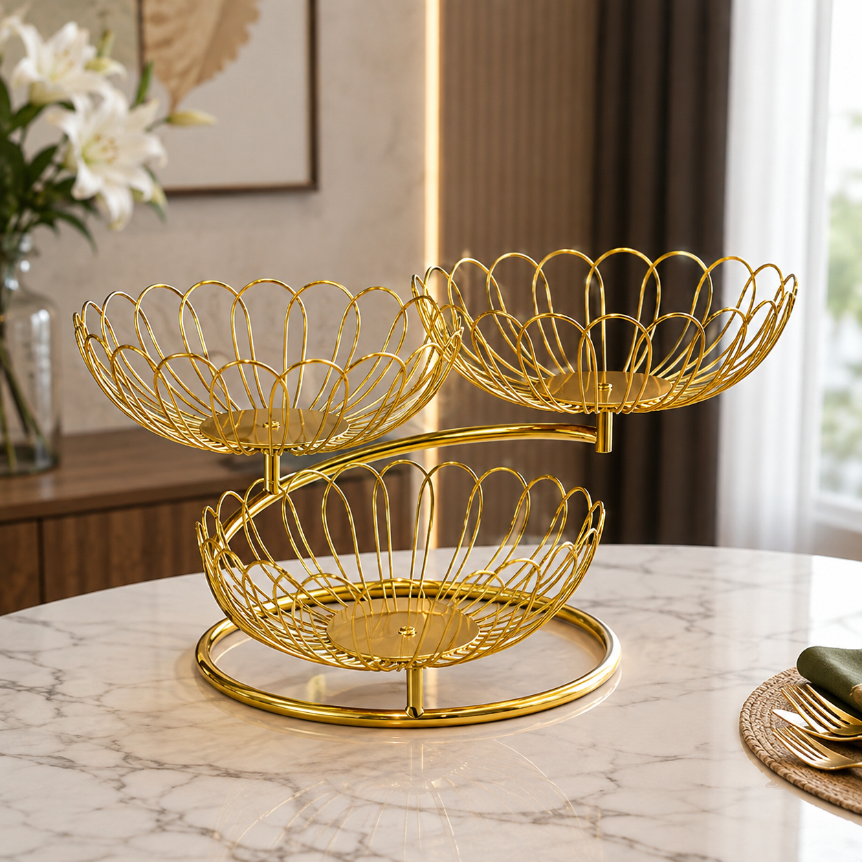 Luxury 3 Tier Gold Fruit Basket, Modern Gold Fruit Display Stand, Gold Metal Countertop Fruit Basket, Modern Wire Fruit Storage Basket
