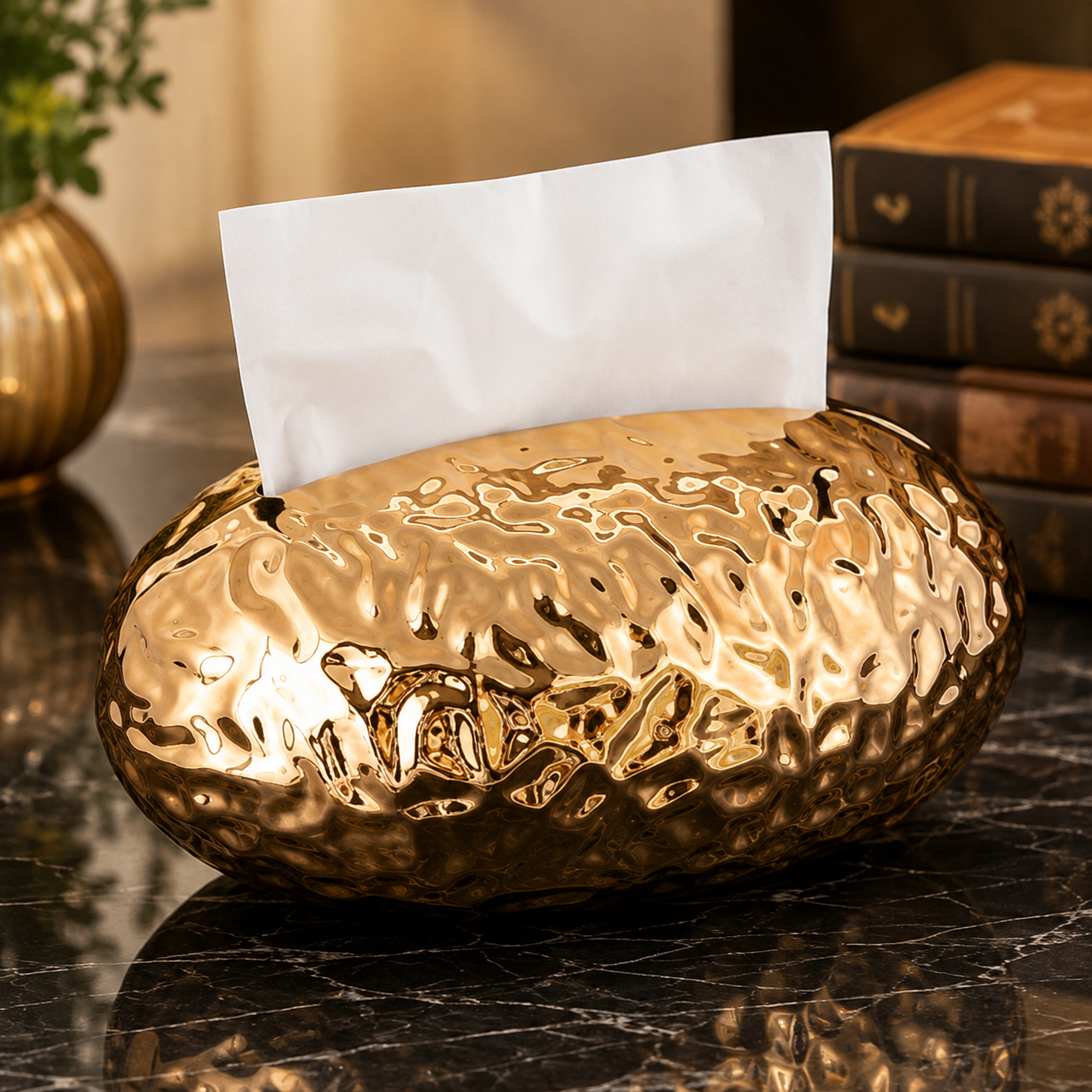 Egg Shape Hammered Tissue Holder, Luxury Pebble Texture Tissue Box, Elegant Metallic Tabletop Tissue Holder