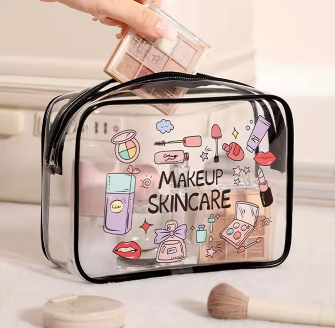Transparent PVC Makeup Bag, Waterproof Printed Travel Toiletry Bag, Large Capacity Cosmetic Organizer