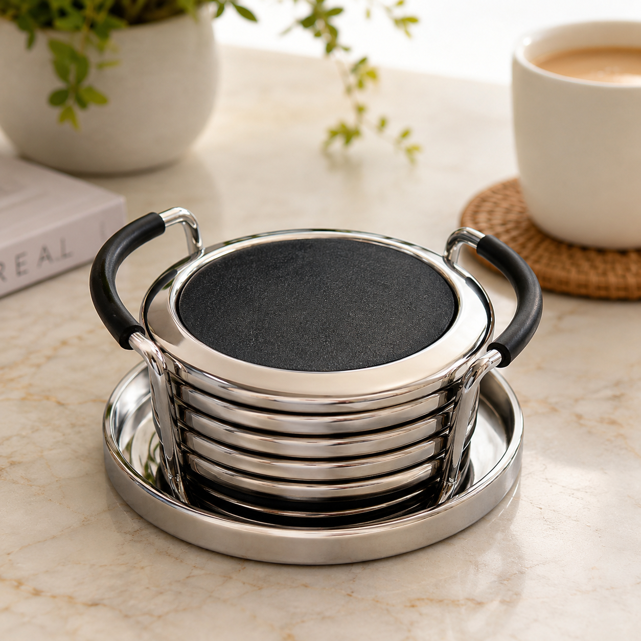 Stainless Steel Cup Coaster Set,
Elegant Round Beverage Coaster Set, Premium Metal Drink Coaster Set with Organizer Stand