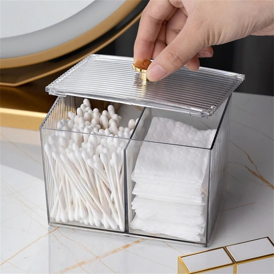 Acrylic Cotton Bud And Makeup Storage Box, Transparent Cosmetic And Cotton Organizer, Vanity Essentials Storage Box