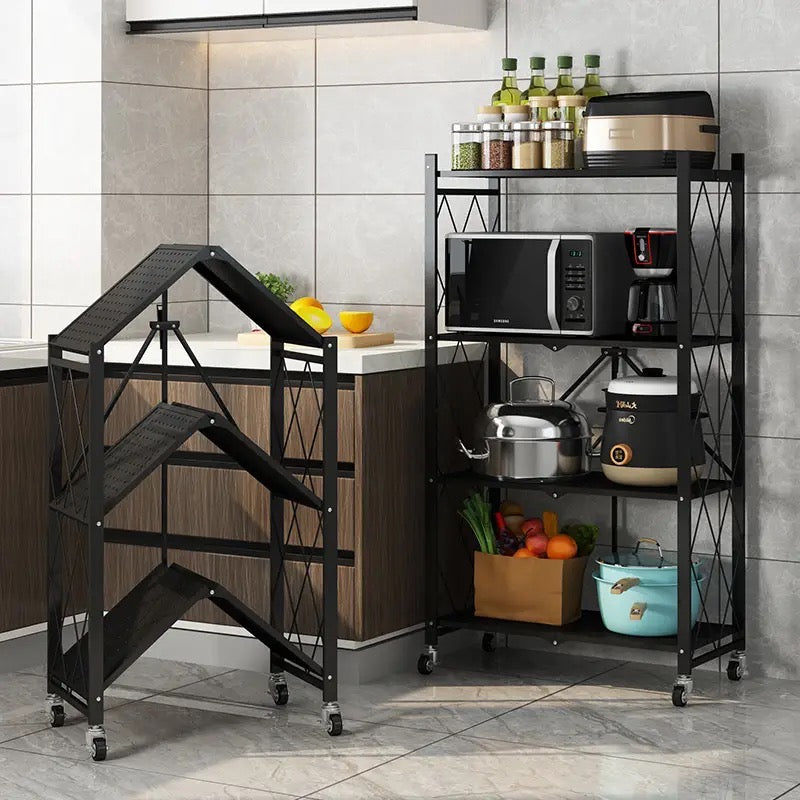 Multi Layer Folding Kitchen Rack, Kitchen Metal Folding Shelves With Wheels, Household Sundries Finishing Balcony Floor Storage Rack, Multi Level Folding Shelves with Wheels, Multifunctional 3 Tier Storage Cart