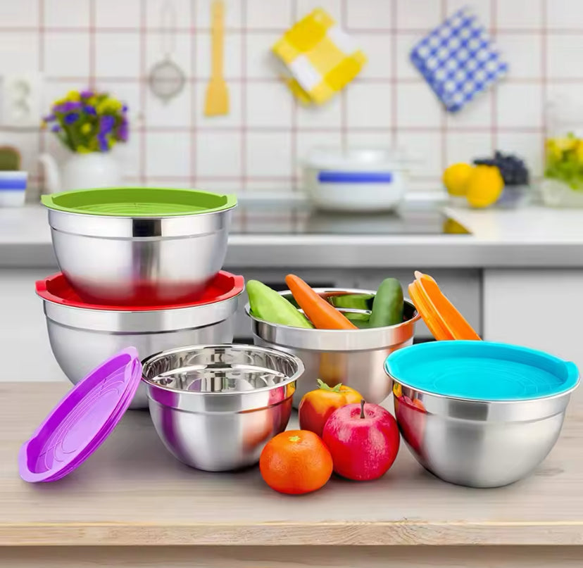 Set Of 5 Stainless Steel Mixing Bowl With Lid, Silicone Mixing Bowl Set, Salad Cooking Mixing Bowl, Stainless Steel Pots, Multifunctional Sealed Fresh Bowl Household, Kitchen Cooking Bowl