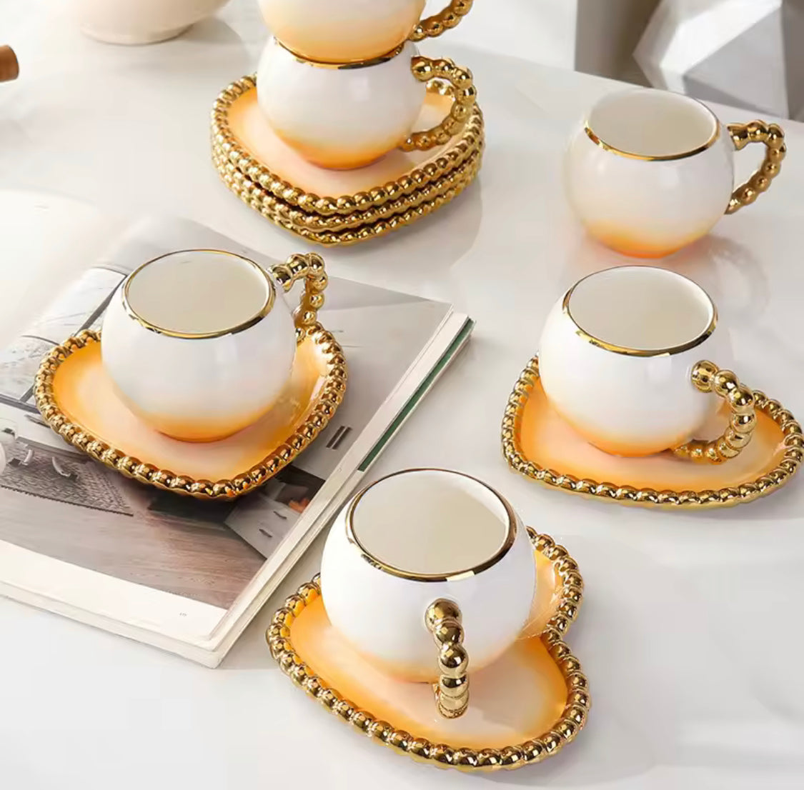 Heart Shaped Porcelain
Cup And Saucer, Elegant Gold Rim Ceramic Coffee Mug, 250ml Turkish Tea Cup (1pc)