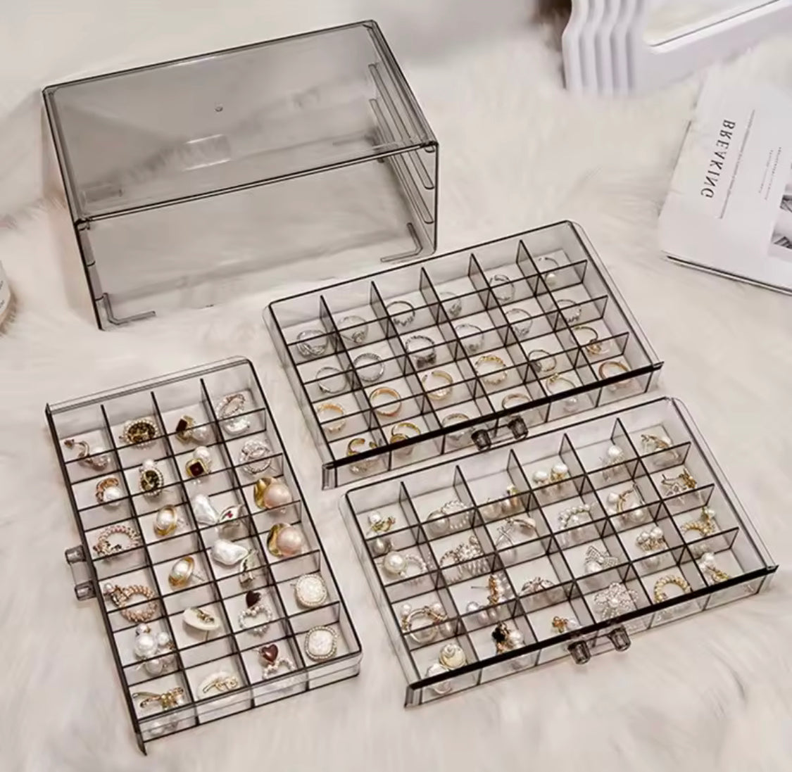 Multi Layer Transparent Jewellery Storage Box, 3 Layer Desktop Ring Earring Sorting Box, Dressing Table Drawer Style Storage Box