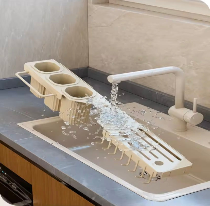 Wall Mounted Over The Sink Organizer Rack, Kitchen Storage Shelf with Knife Holder, Utensil Caddy And Hanging Hooks Rotatable Kitchen Shelf