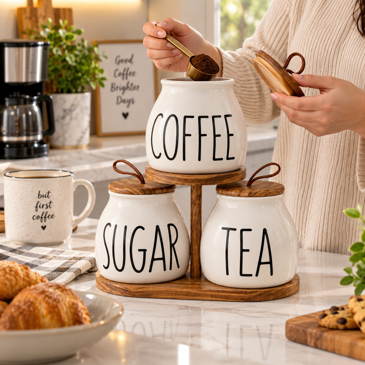 3pcs Coffee Sugar Canister with Wooden Stand, Elegant Tea Coffee Sugar Container Set, Ceramic Kitchen Storage Jars with Wooden Lids, Tea Coffee Sugar Jar Set with Wooden Rack