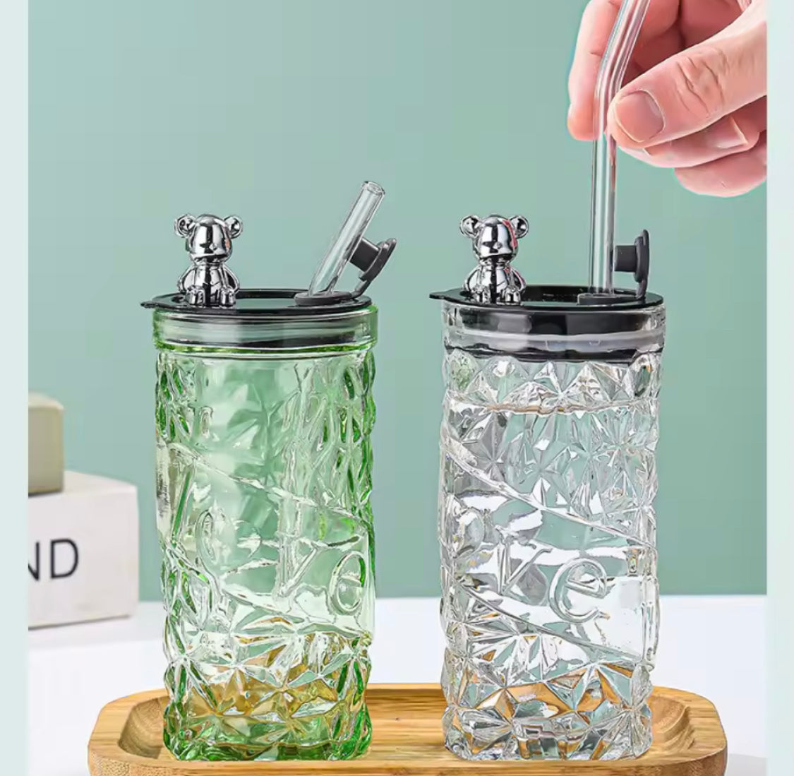 Luxury Bear Cap Transparent Glass Water Cup, Women Coffee Cup With Lid And Straw, European Style Vintage Milk Cup