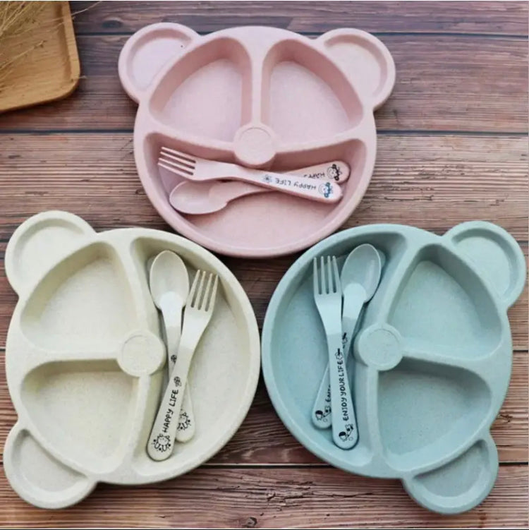3 Partitions Cartoon Bear Baby Plate Set, Baby Food Feeding Bear Bowl, Wheat Straw Portion Control Plates