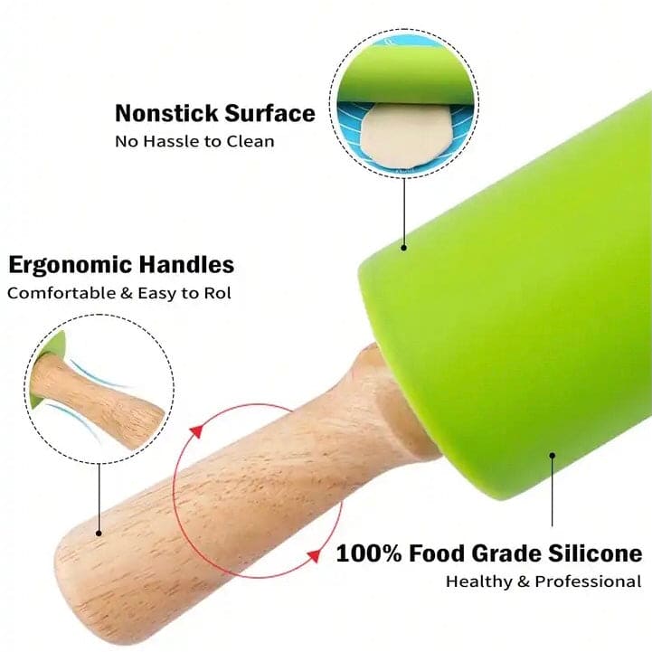 Silicone Dough Roller, Wooden Handle Dough Roller, Dumpling Skin Pressing Flour Stick Baking Tool, Kitchen Roti Belan, Non Stick Surface Baking Roller, Kitchen Cooking Accessories