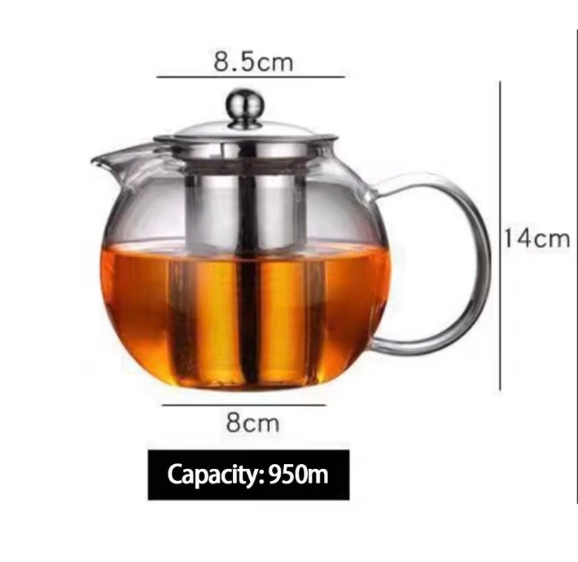 Glass Teapot with Stainless Steel Infuser, Double Wall Glass Tea Infuser Pot, Round Glass Tea Brewing Pot, Transparent Glass Tea Kettle