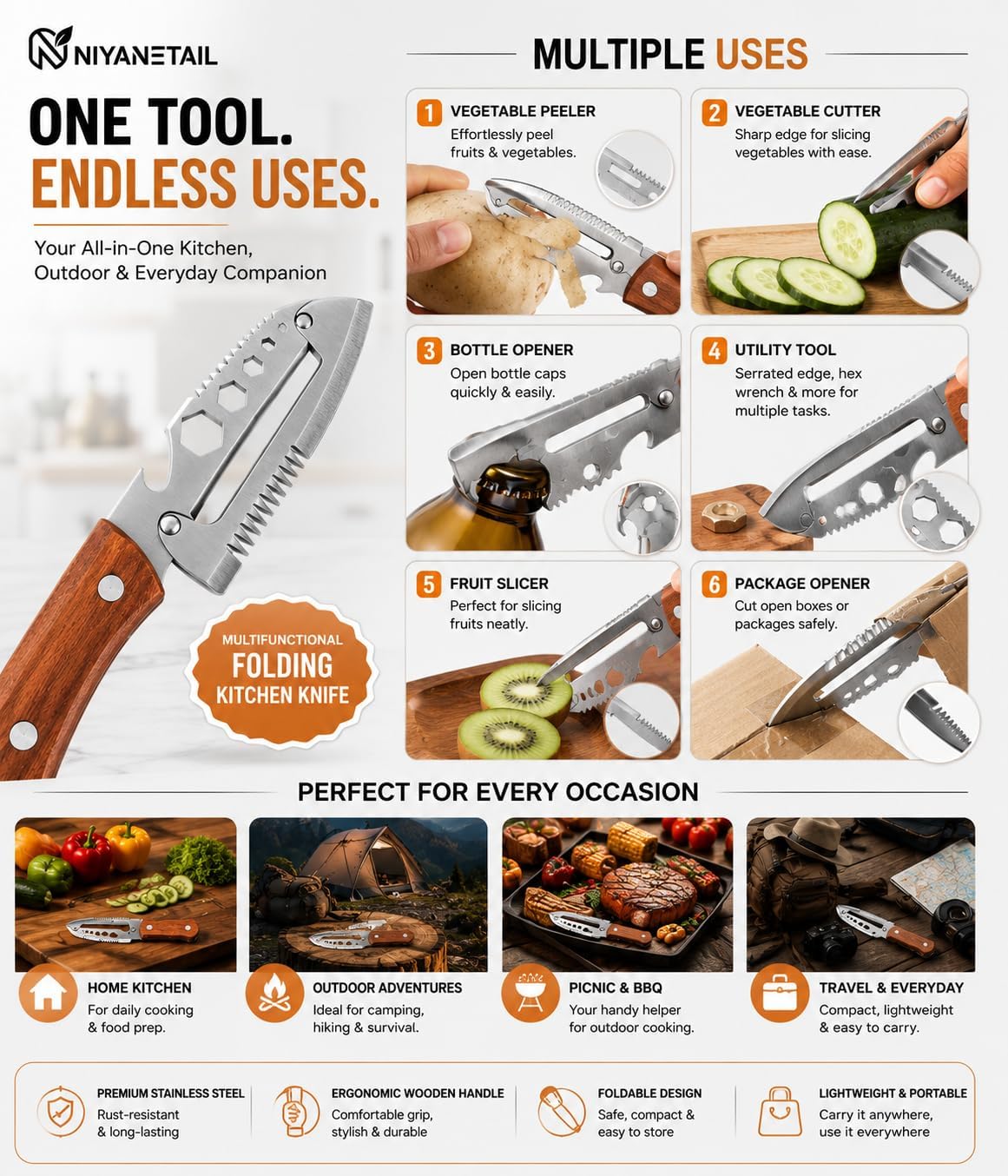 7 In 1 Multipurpose Kitchen Knife, Stainless Steel Vegetable Cutter with Bottle Opener, Fruit And Vegetable Peeler, Kitchen Tool