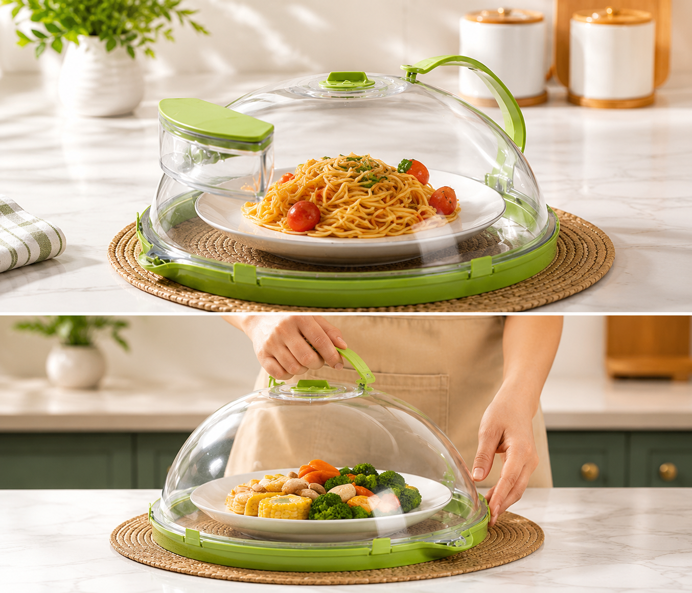 Transparent Food Cover Dome, Microwave Splatter Cover With Water Steamer, Reusable Microwave Food Cover, Kitchen Food Cover with Lock Clips