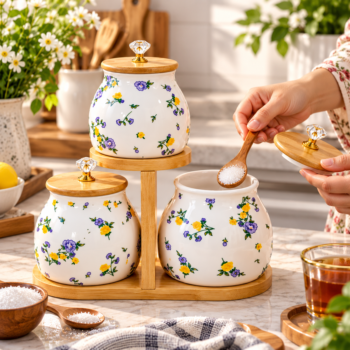3pcs Coffee Sugar Canister with Wooden Stand, Elegant Floral Ceramic Storage Jar, Ceramic Kitchen Storage Jars with Wooden Lids, Floral Ceramic Spice Jar Set with Bamboo Stand