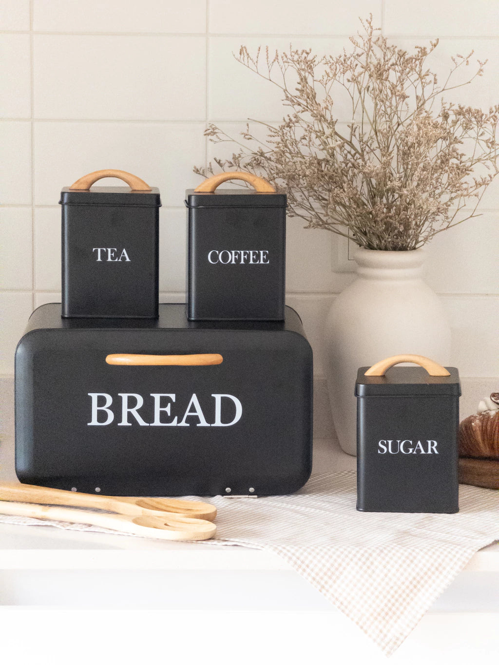 Set of 4 Nordic Bread Box & Canister Set, Modern Kitchen Bread Storage Set, Vintage Style Bread Storage Set, Home Essentials Bread Bin Set
