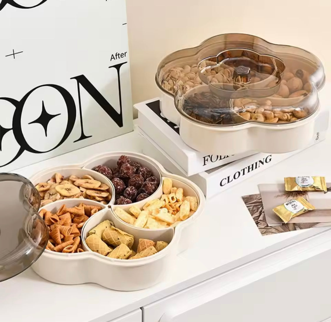 Five Compartments Divided Serving Tray With Lid, Dust Proof Dried Fruit Snack Storage Bowl, Large Capacity Modern Divided Serving Platter Box