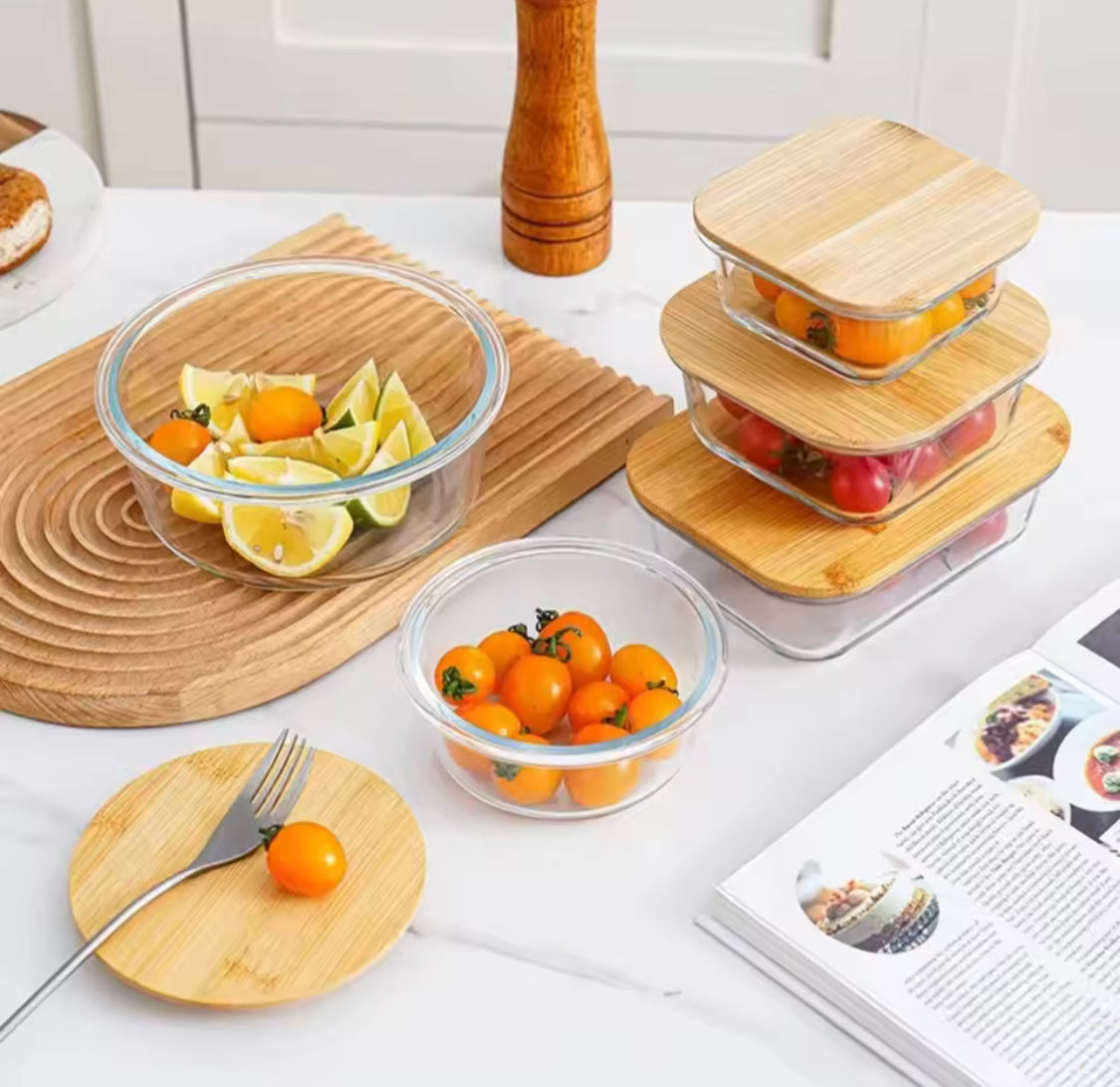 Set of 3 High Borosilicate Glass Bamboo Lunch Box, Heat Resistant Food Storage Containers With Lid, Food Storage Containers