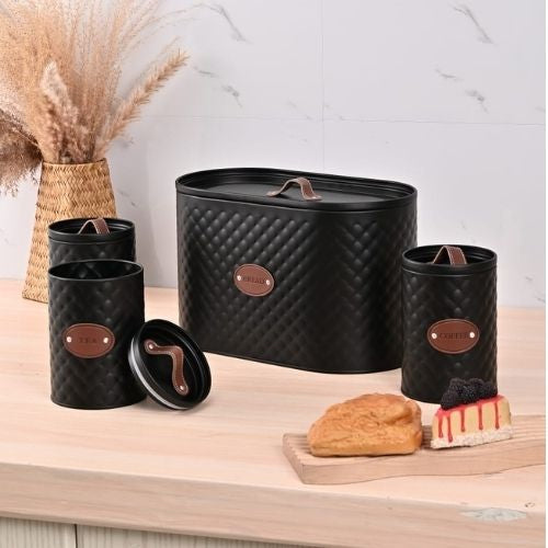 4pcs Diamond Texture Bread Box Set, Luxury Tea, Coffee & Sugar Canister Set with Bread Box, Kitchen Counter Storage Collection
