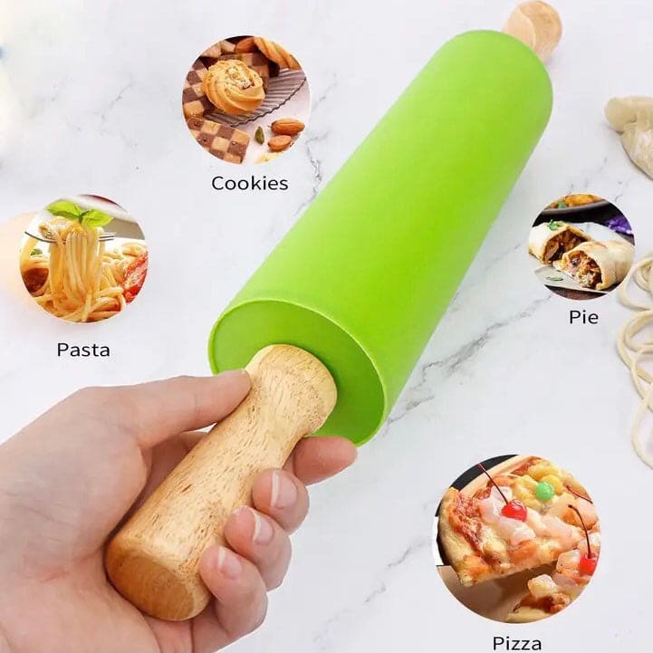 Silicone Dough Roller, Wooden Handle Dough Roller, Dumpling Skin Pressing Flour Stick Baking Tool, Kitchen Roti Belan, Non Stick Surface Baking Roller, Kitchen Cooking Accessories