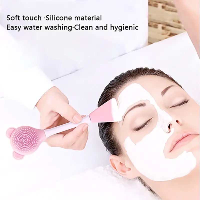 Bear Double Head Face Brush, Silicone Mud Film Facial Brush, Multifunctional Long Handle Silicone Applicator Women, Face Mask Cream Sticks Brush, Facial Mask Applicator, Makeup Removal Scrubber, Portable Salon Spa Facial Cleansing Brush