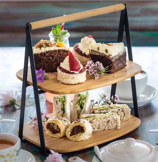 2 Tier Kitchen Countertop Organizer, Multi Purpose Storage Rack, Luxury Bamboo Serving Display Stand, Tabletop Storage Stand