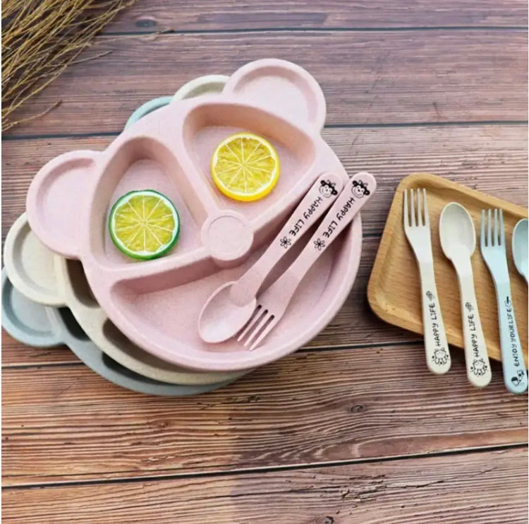 3 Partitions Cartoon Bear Baby Plate Set, Baby Food Feeding Bear Bowl, Wheat Straw Portion Control Plates