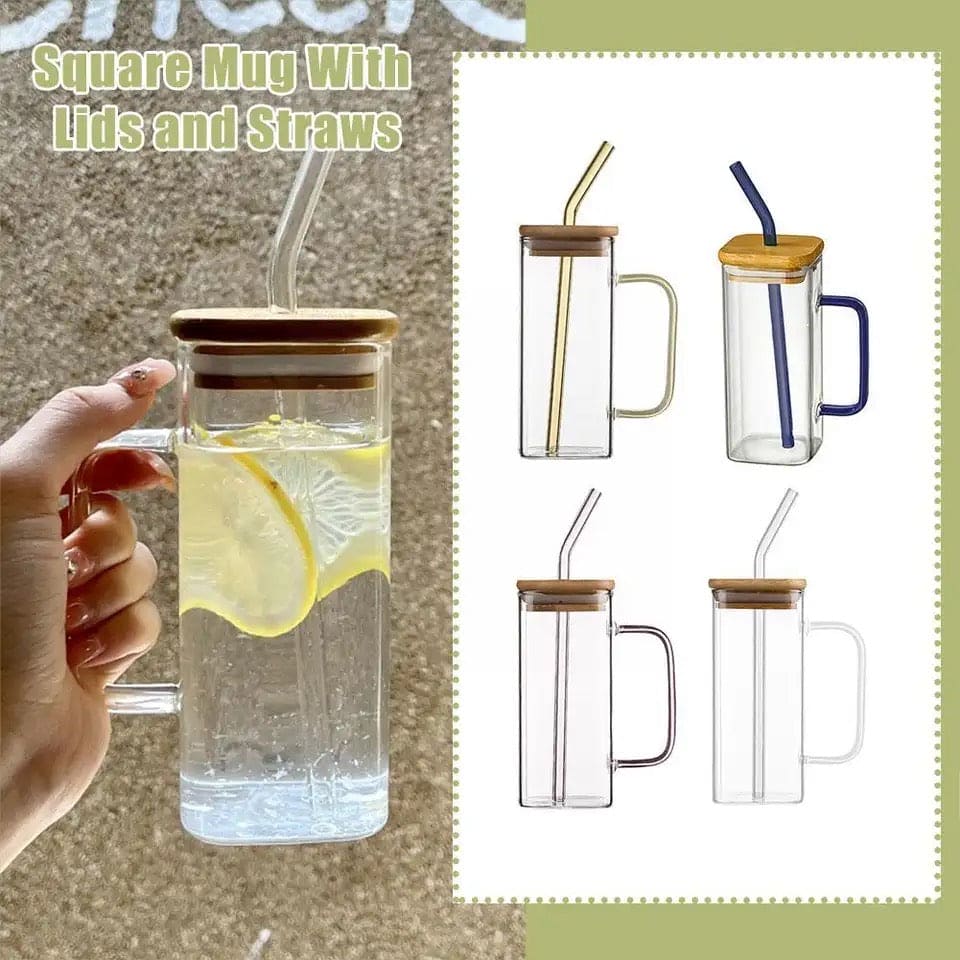 Square Coffee Mug With Wooden Top And Straw, 400ml Colored Handle Drinking Glass Cup, Transparent Drink Cup, Party Beverage Cup, Portable Glass Water Cup with Straw Lid, Household Borosilicate Straw Glass