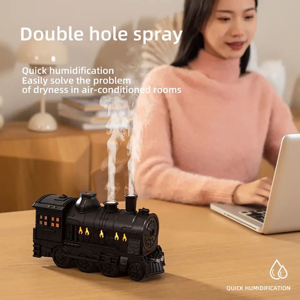Black Train Diffuser, Train Steam Humidifier, Ultrasonic Cool Mist Air Humidifier, Fragrance Essential Oil Aroma Diffuser, Creative RC Air Freshener with LED Lamp, Circle Dispensing Essential Oil Perfume Machine