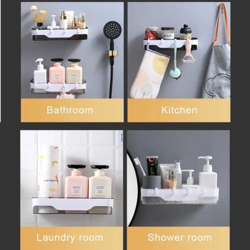 Large Capacity Wall Shelf, Wall Mounted Shower Storage Rack, Storage Wall Shelf With Hook, Self Adhesive Shower Caddy, Plastic Bathroom Shelf Wall Storage Rack, Wall Mounted Floating Shelf, Multipurpose Countertop Basket, Bathroom Kitchen Storage Rack