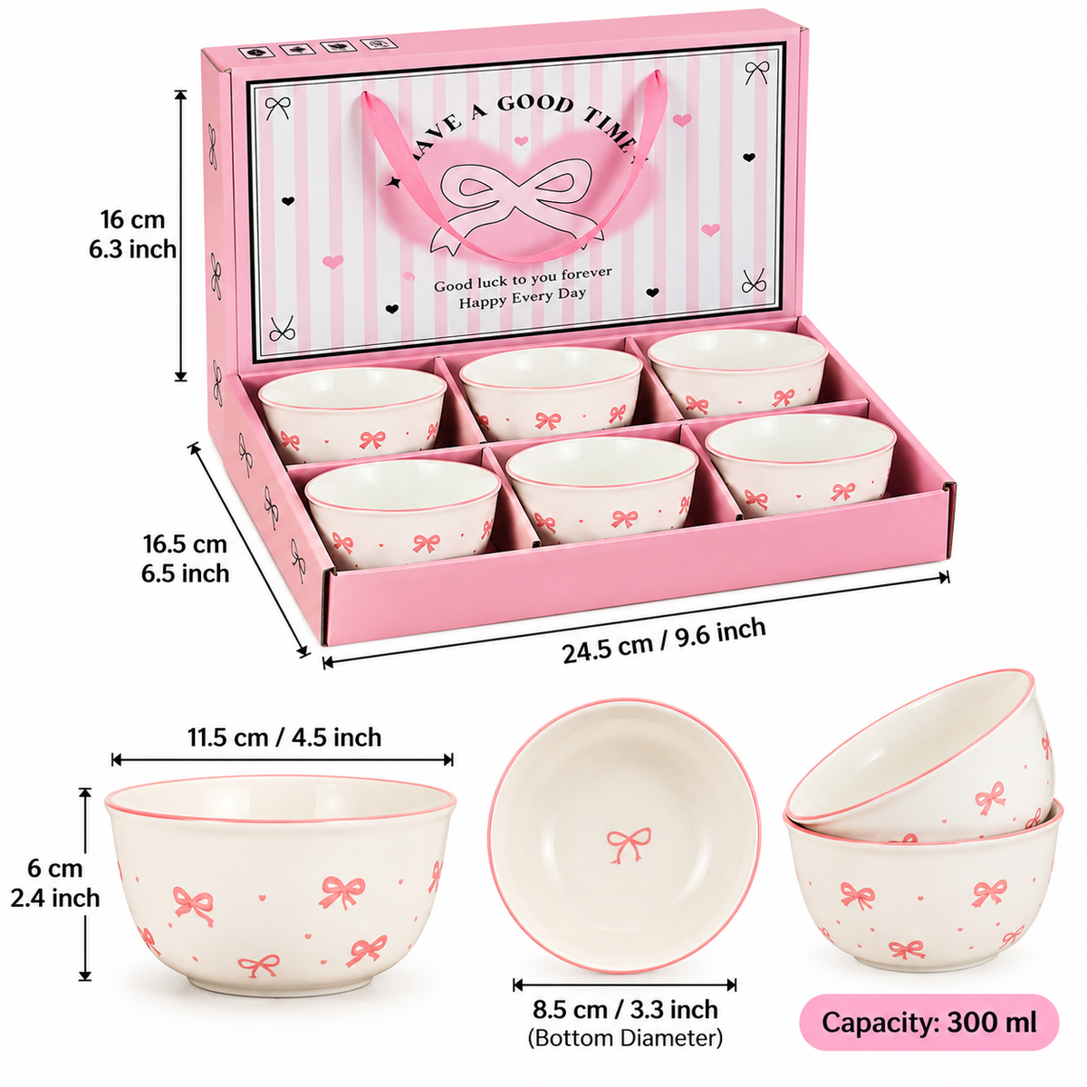 6pcs Ceramic Bowl Set with Pink Bow Design, Cute Bow Printed Ceramic Serving Bowls, Pink Ribbon Design Dessert Bowl Set