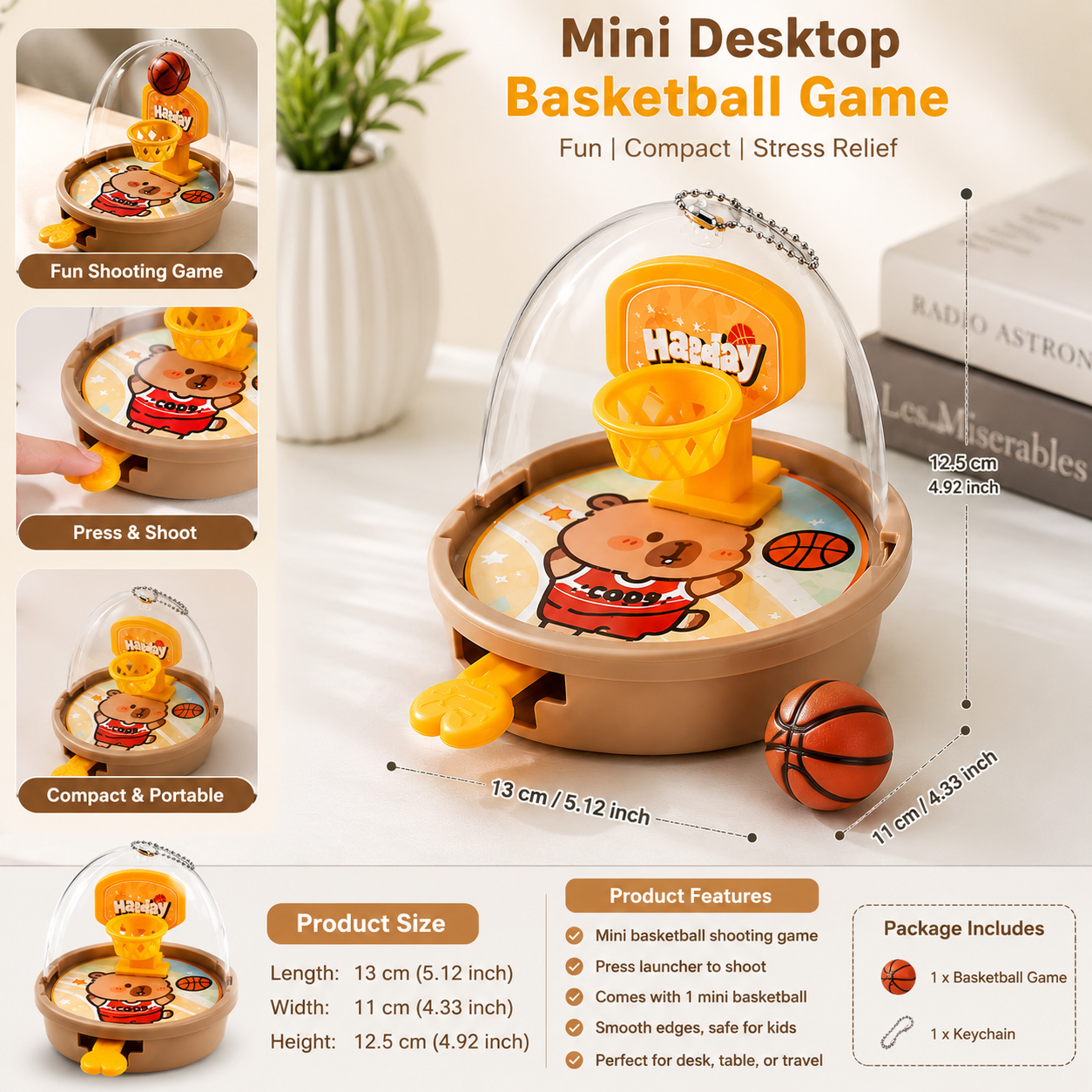 Hand Press Mini Basketball Game, Desktop Basketball Toy For Kids, Portable Finger Basketball Game, Cartoon Basketball Shooting Toy