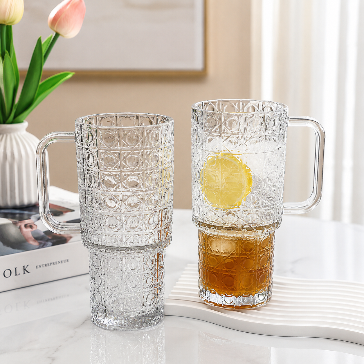 Durable Transparent Glass Water Cup With Handle, Diamond Pattern Glass Drinking Cup, Portable Large Capacity Glass Straw Cup