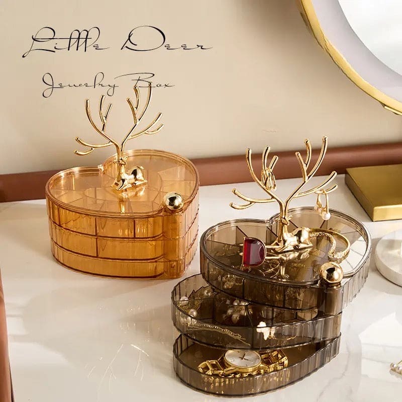Little Deer Jewellery Organizer, 3 Layer Rotating Necklace Jewelry Box, Light Luxury Heart Desktop Sundries Makeup Organizer, Elegant Decorative Necklace Earrings Bracelet Container, Acrylic Jewelry Display Stand, Large Capacity Striped Box