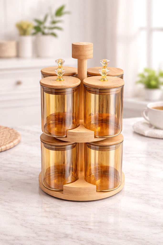 360° Rotating Spice Rack Set With Bamboo Stand, Airtight Revolving Masala Organizer With Wooden Lids, Kitchen Countertop Spice Holder
