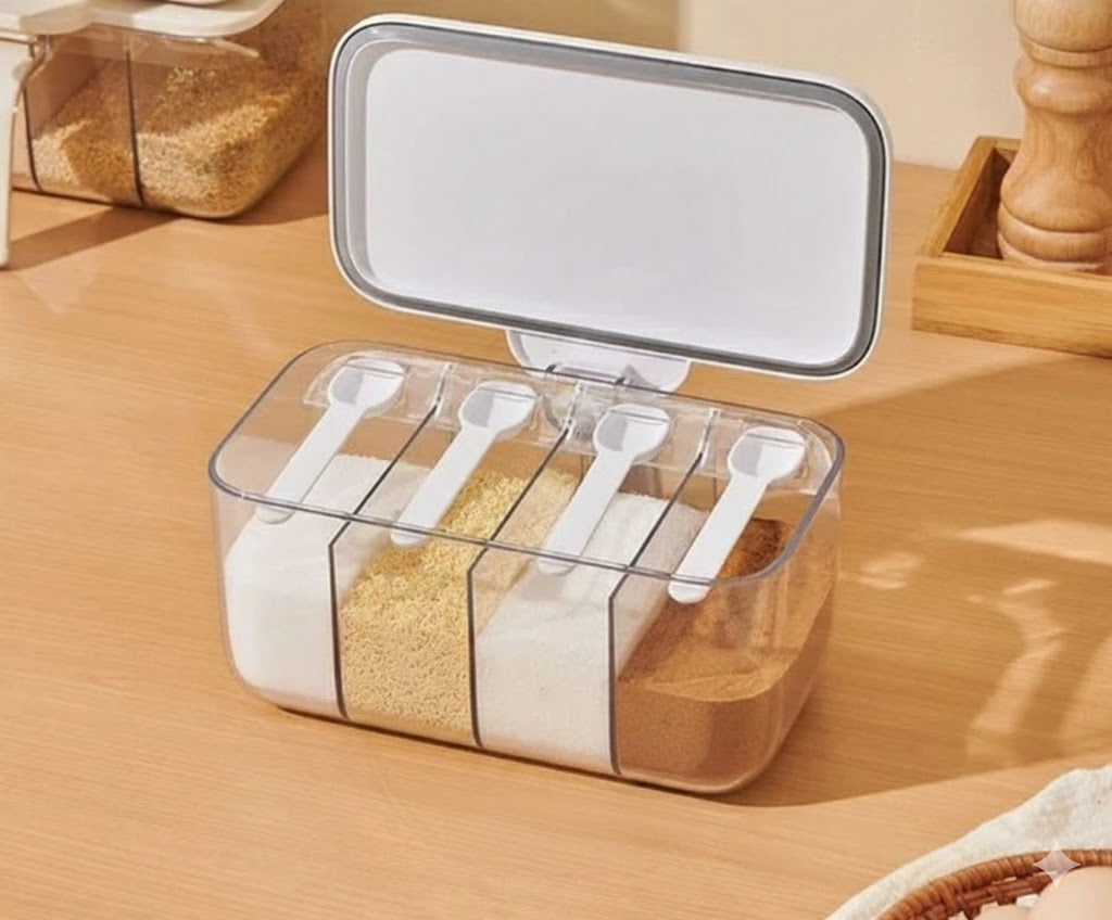 4 In 1 Multi Compartment Seasoning Organizer, Nordic 4 Grid Spice Jar, Multi Grid Salt Seasoning Spice Container, Household Kitchen Condiment Jar