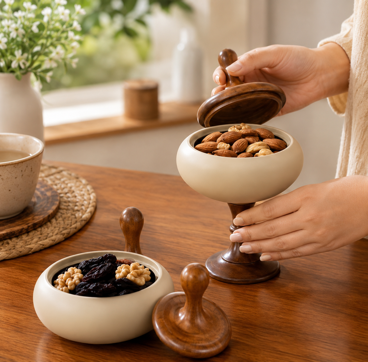 Heritage Wood And Ceramic Bowl, Royal Pedestal Dry Fruit Bowl, Classic Tabletop Nut Bowl