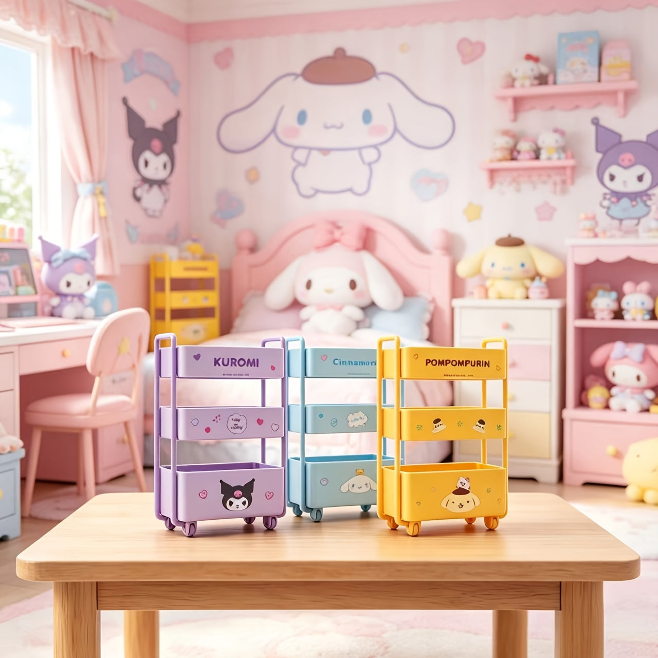 3 Tier Kawaii Mini Rolling Cart, Cute Desktop Sundry Storage Box, Mini Desktop Decorations Trolley