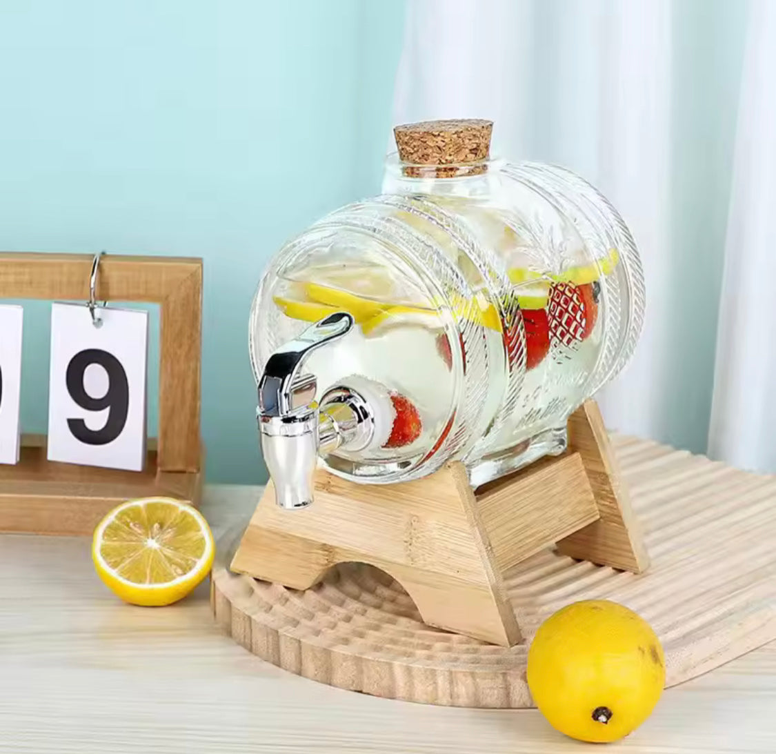 5L Crystal Barrel Glass Beverage Dispenser, Vintage Glass Drink Dispenser with Wooden Stand, Decorative Glass Lemonade Barrel, Elegant Serving Beverage Dispenser