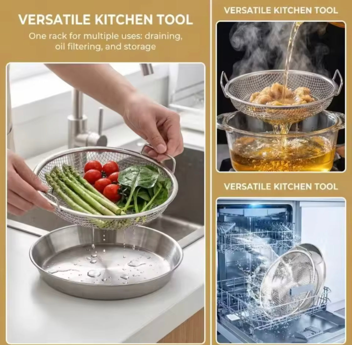 Stainless Steel Mesh Serving Basket, Deep Fry Oil Filtering Basket, Round Stainless Steel Food Strainer, Crispy Fry Oil Drainer Basket