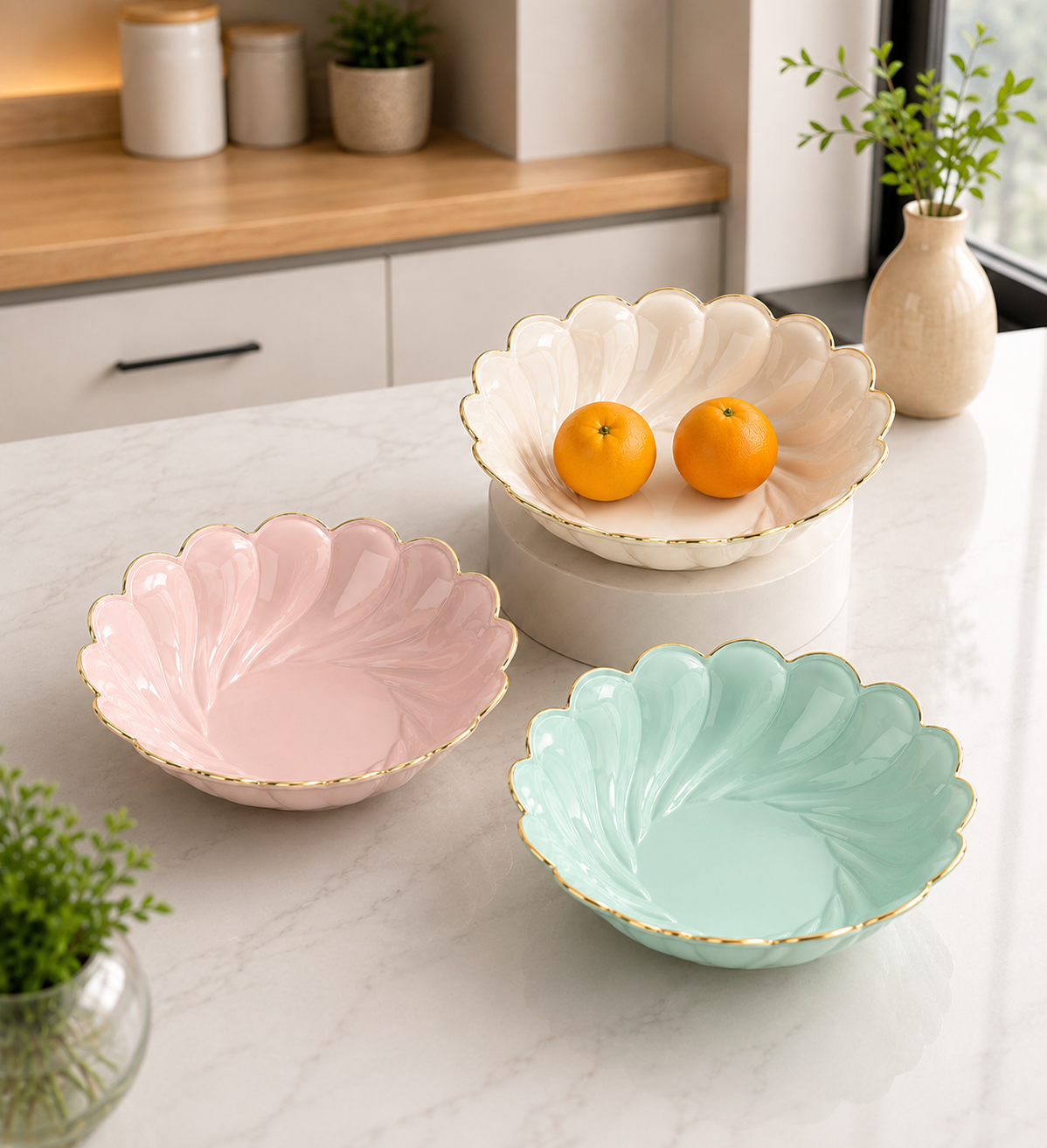 Luxury Gold Rim Serving Bowl, Decorative Petal Edge Bowl, Modern Gold Trim Fruit Bowl, Premium Tabletop Serving Bowl