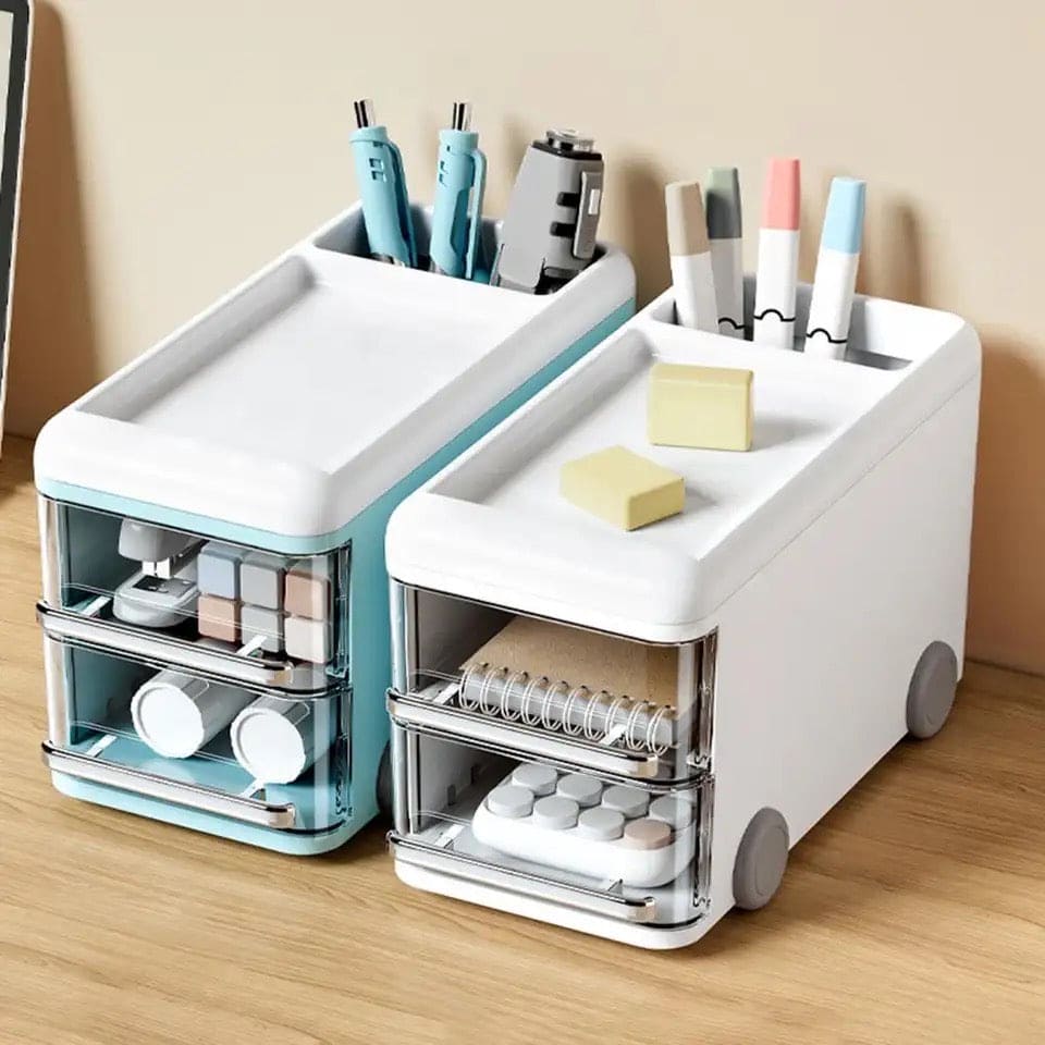Cute Bus Style Desktop Organizer, 2 Layer Pull Out Clear Drawer Box, Multifunctional Supplies Stationery Pencil Container, Large Capacity Visible Storage Organizer, Dresser And Home Sundries Storage Holder