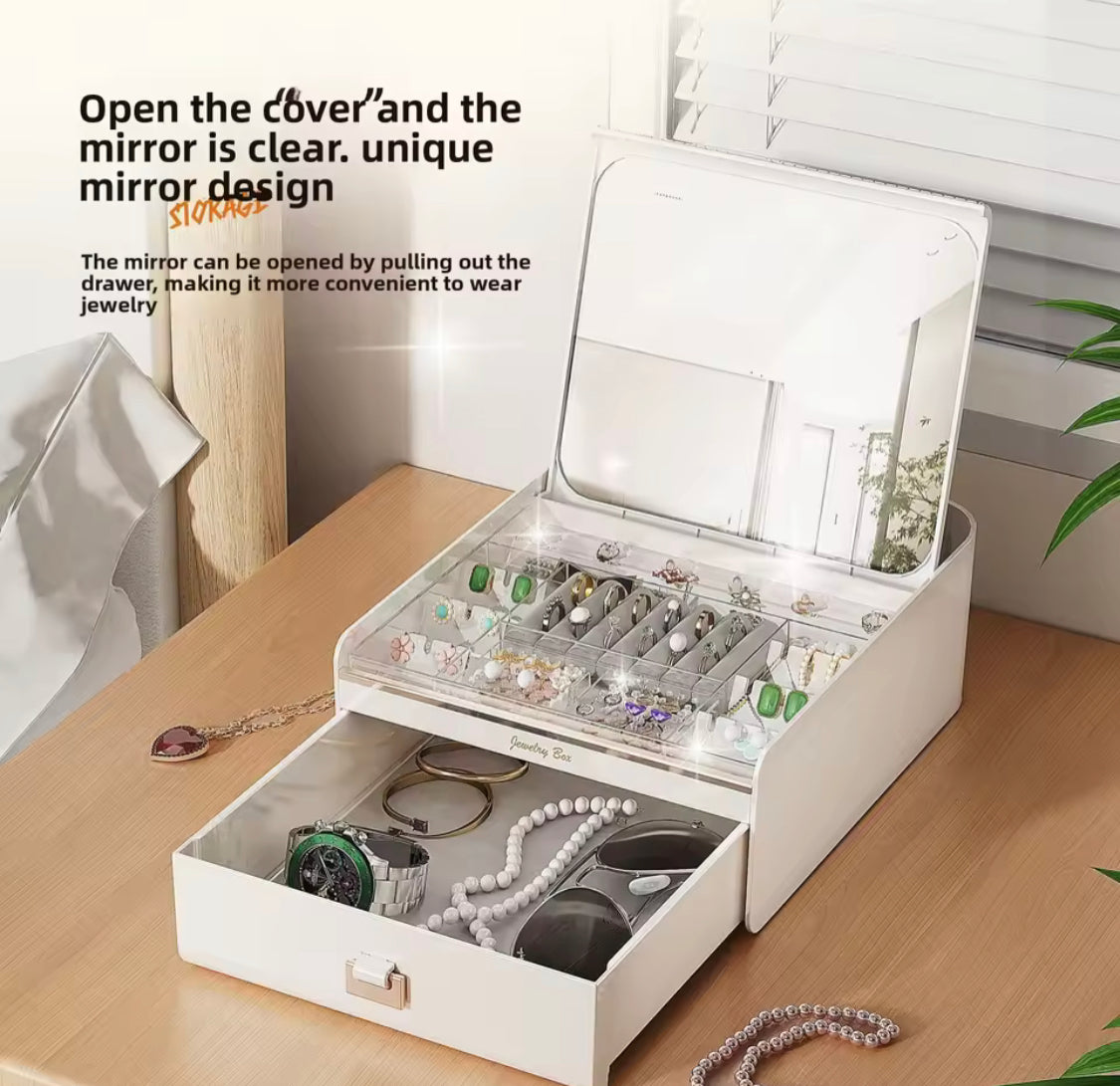 Multi Compartment Jewelry Storage Box with Mirror, Vanity Jewelry Organizer with Drawer & Mirror, Double Layer Jewelry Storage Box