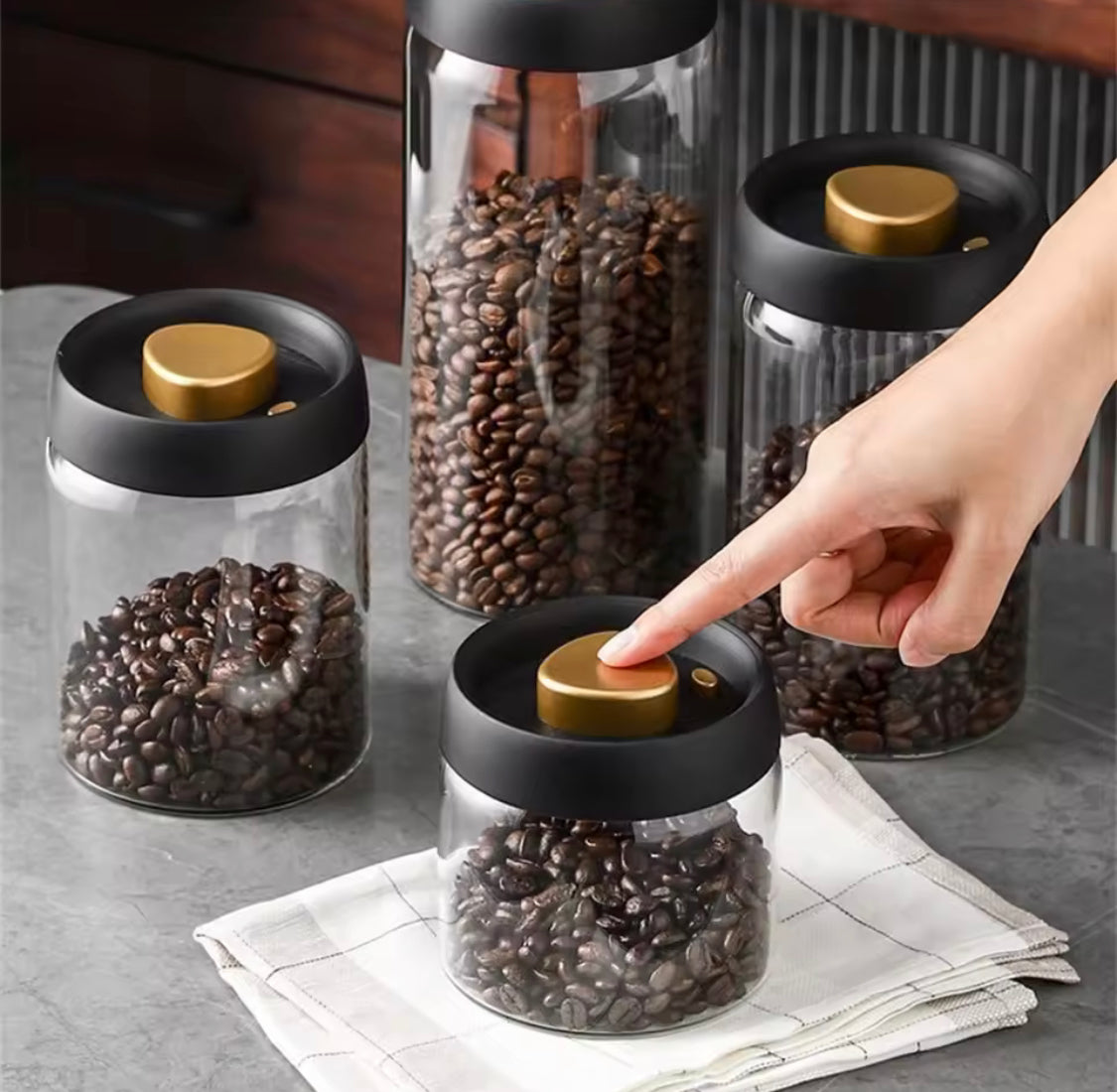 High Borosilicate Vacuum Sealed Coffee Jar, Press Down Vacuum Glass Coffee Canister, Coffee Bean Storage Container With Airtight Lid