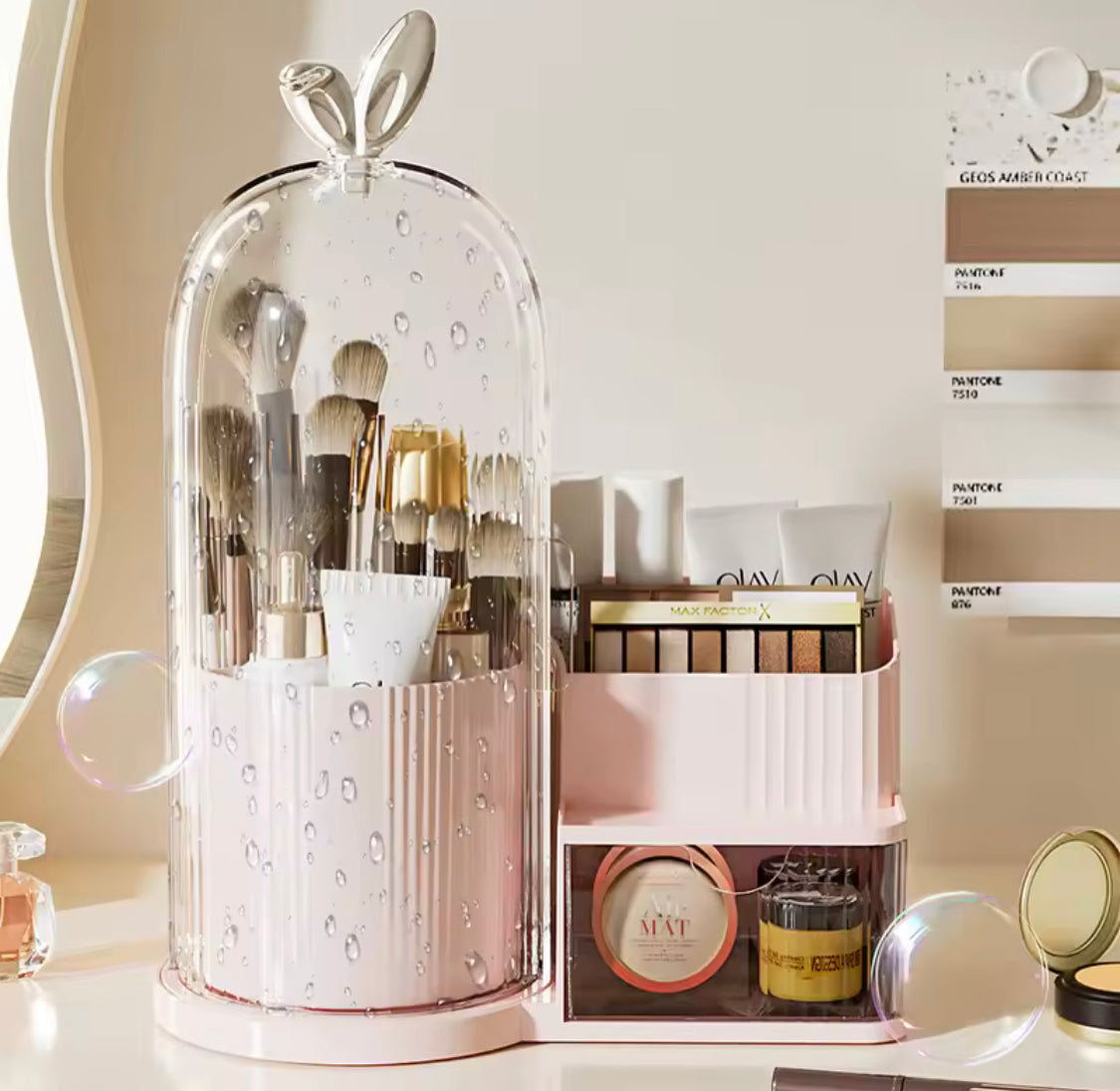 360 Rotating Makeup Organizer With Dustproof Cover, Multi Layer Cosmetic Storage Box with Drawer, Cage Shape Brush Organizer, Lipstick and Eyebrow Pencil Holder